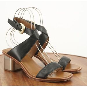 Vince Womens Dalia Sandals Block Heel Ankle Strap Black Leather Silver Size 9M